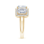Lab-Grown Emerald-Cut Diamond Halo Three Stone Ring