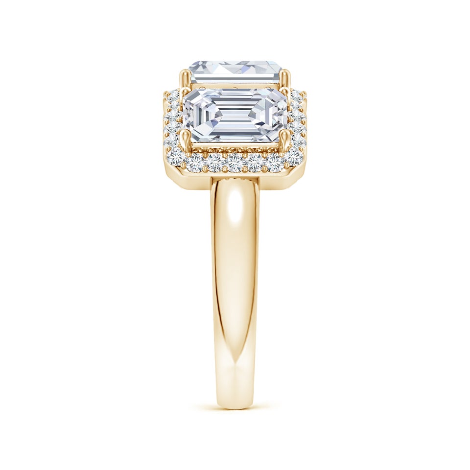 Lab-Grown Emerald-Cut Diamond Halo Three Stone Ring