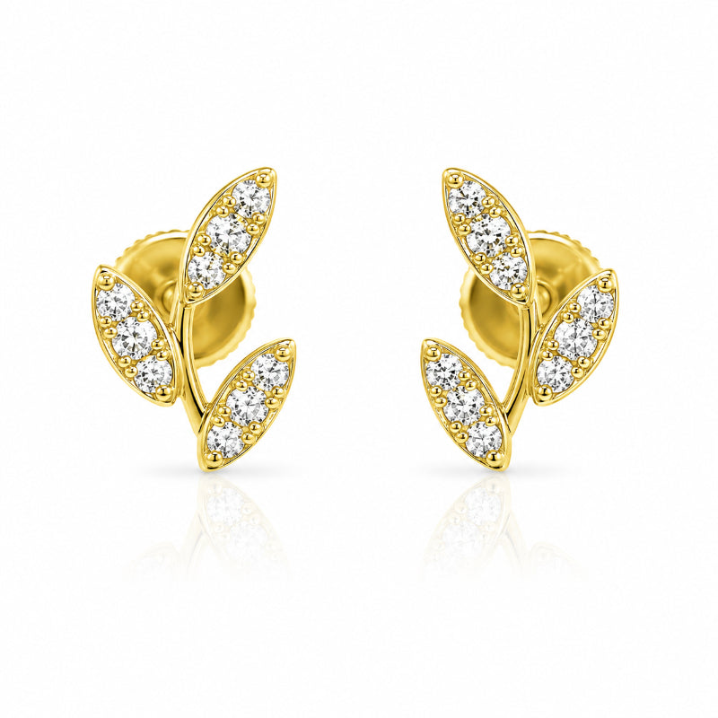 Yellow Gold Diamond Leaf Stud Earrings