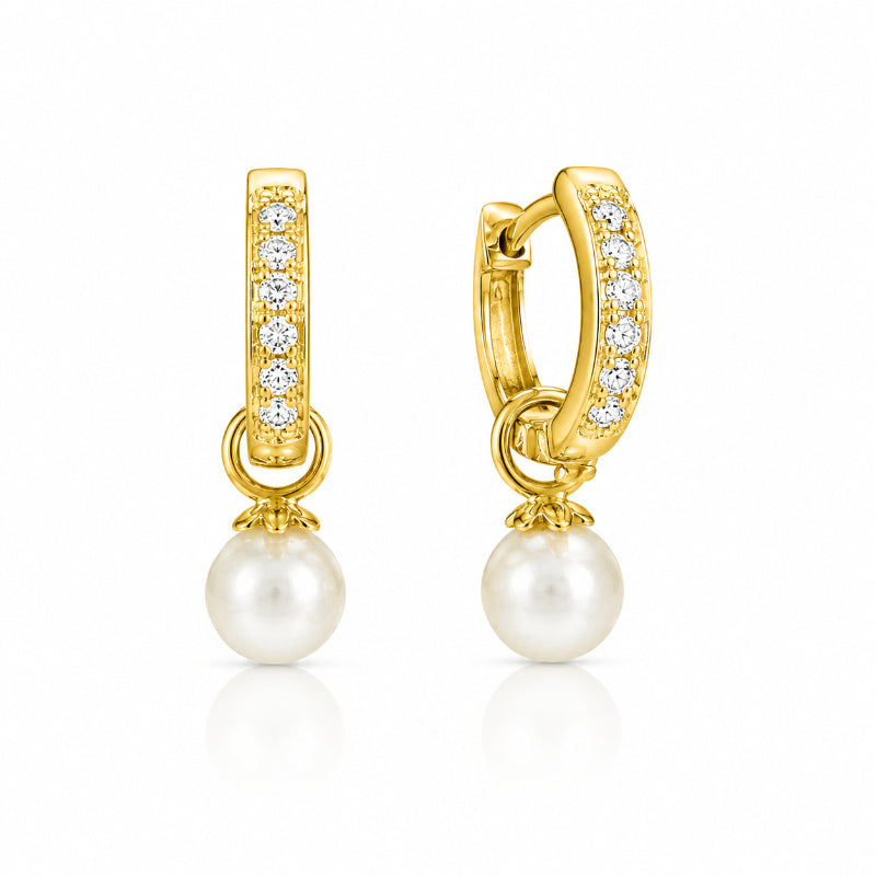 Yellow Gold Diamond & Pearl Hoop Earrings