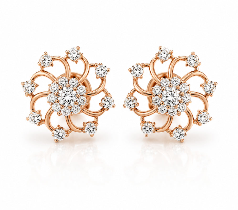 Rose Gold Diamond Floral Swirl Earrings