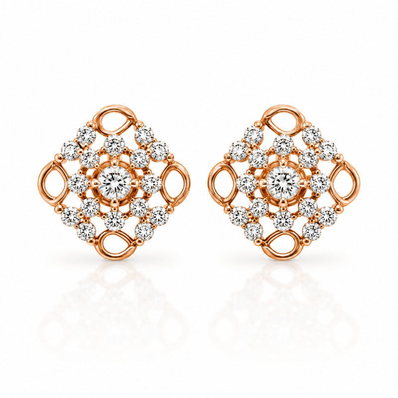 Rose Gold Diamond Floral Lattice Stud Earrings