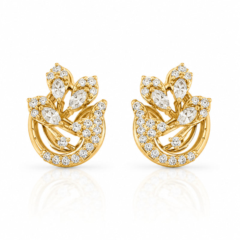 Golden Diamond Leaf Cluster Stud Earrings
