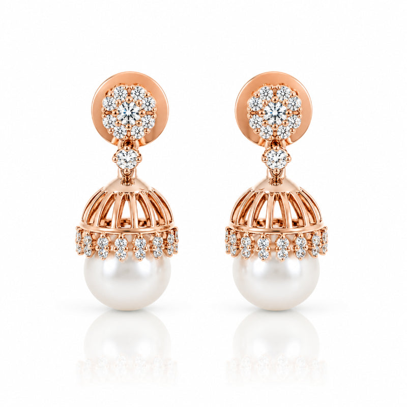 Rose Gold Diamond Pearl Jhumka Earrings