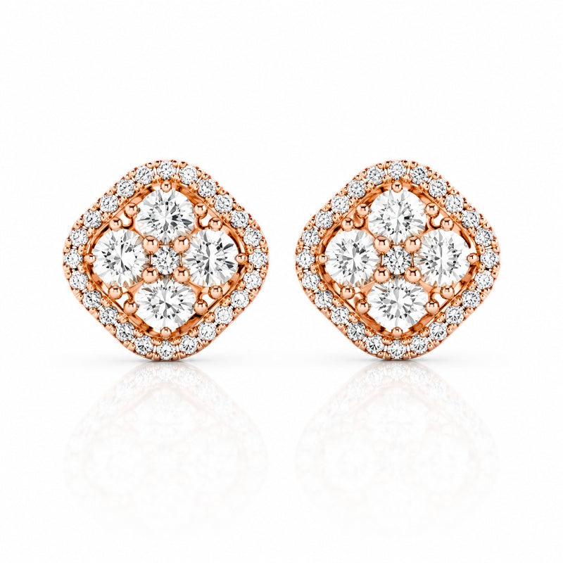 Rose Gold Diamond Clover Halo Stud Earrings