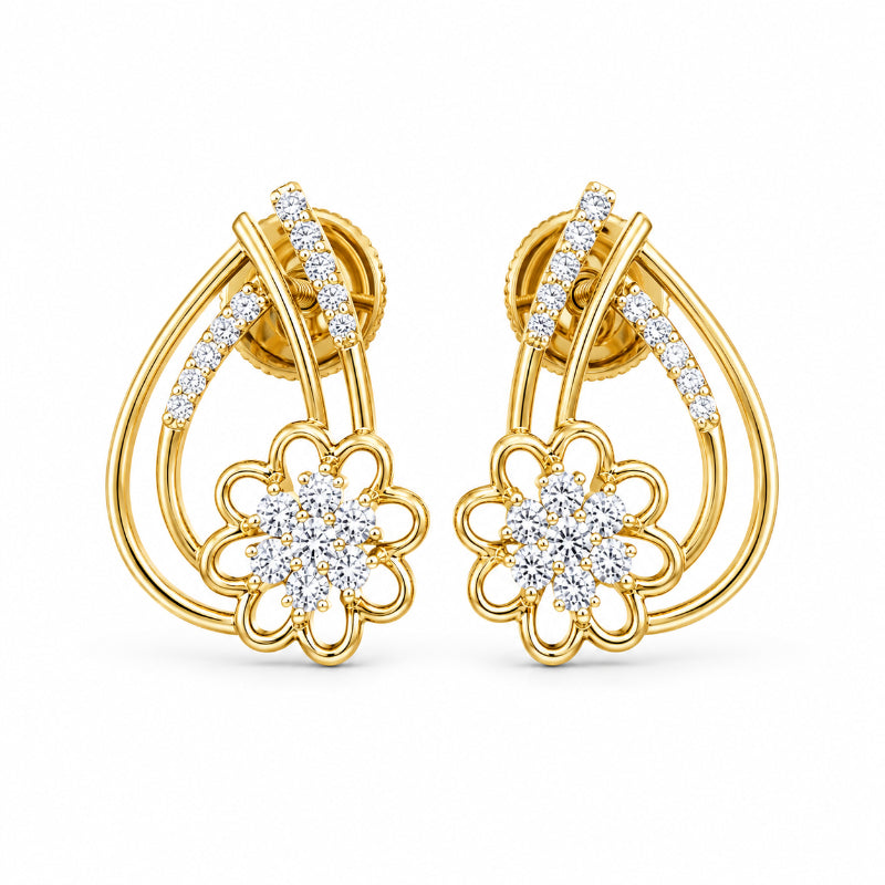 Diamond Flower Drop Stud Earrings in Yellow Gold