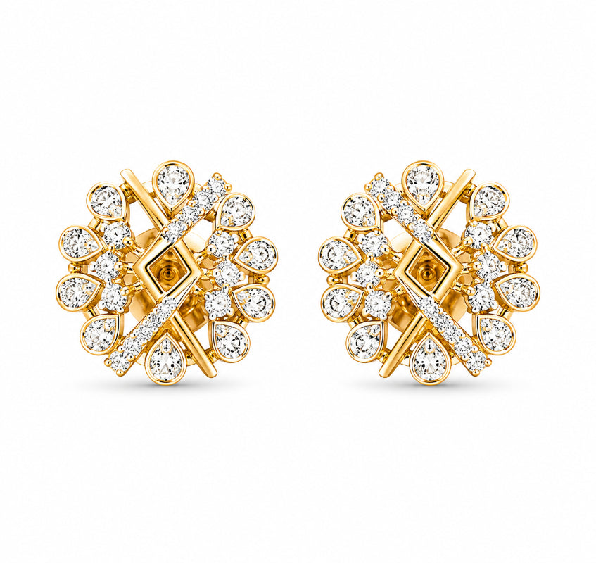 Yellow Gold Diamond Floral Stud Earrings with Pear-Cut Halo