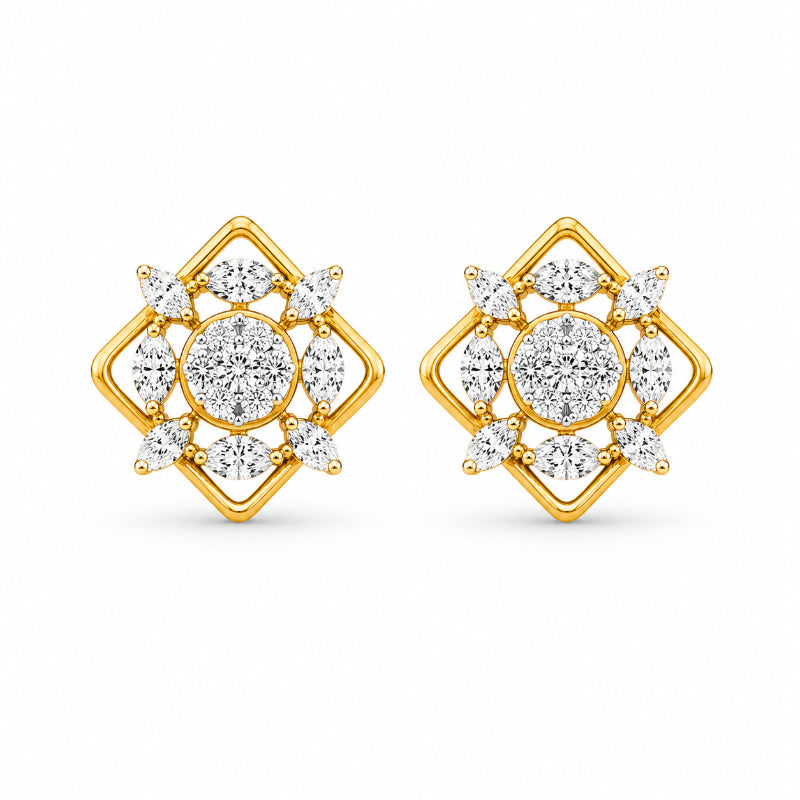 Elegant Gold Diamond Flower Stud Earrings