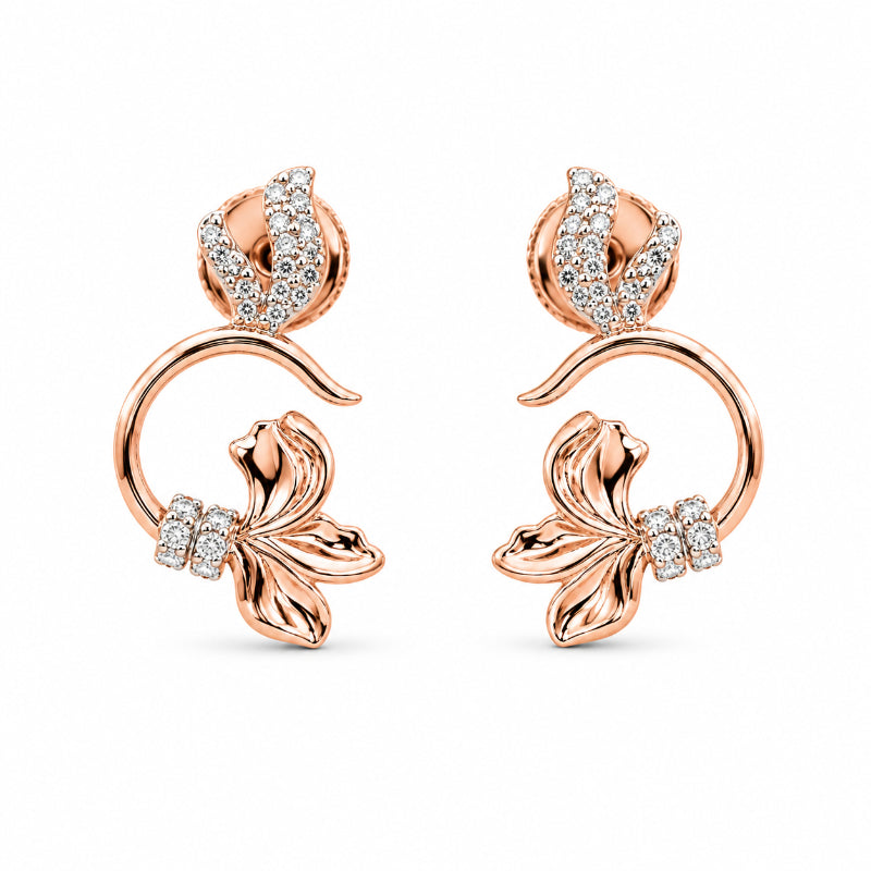 Rose Gold Floral Diamond Drop Stud Earrings
