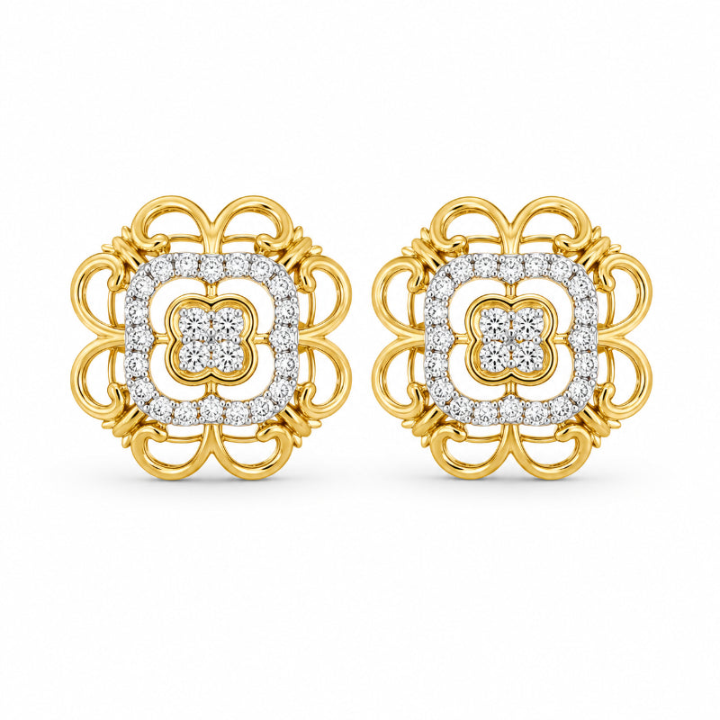 Yellow Gold Floral Diamond Stud Earrings