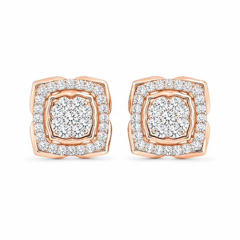 Rose Gold Cushion Halo Diamond Stud Earrings