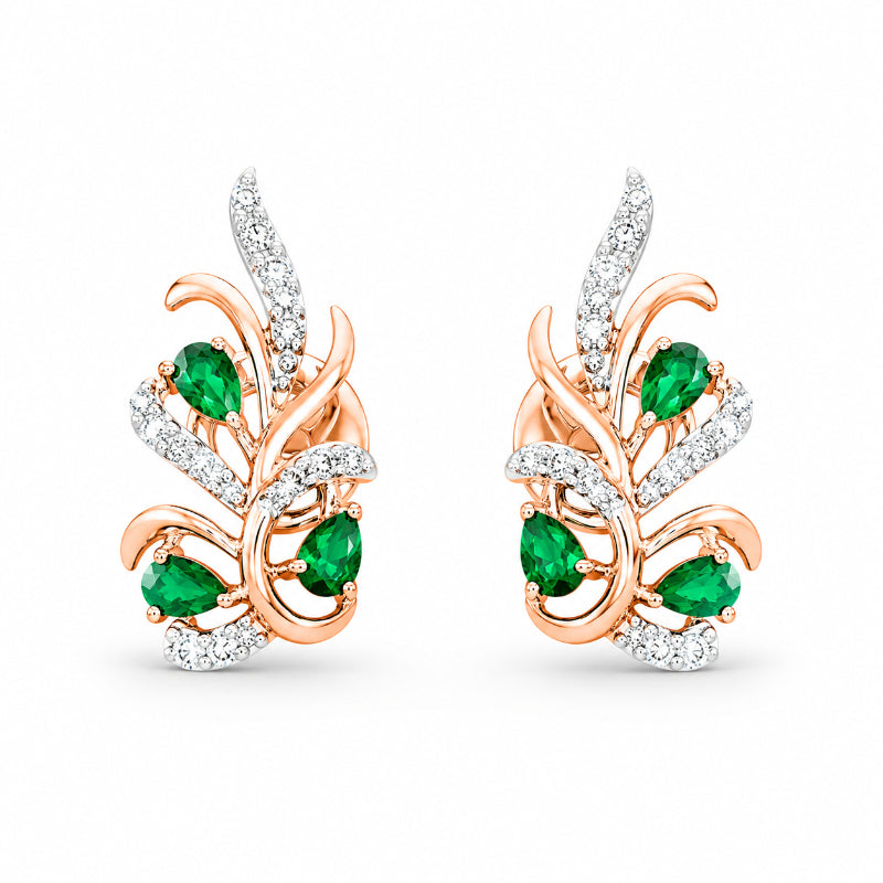 Rose Gold Emerald Leaf Diamond Earrings