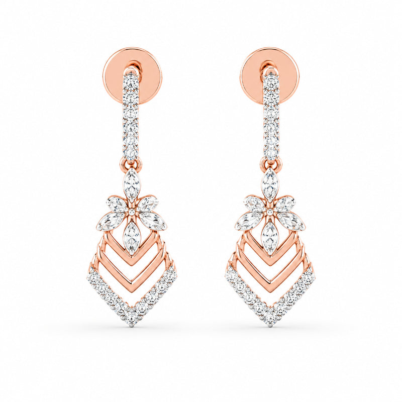 Rose Gold Floral Chevron Diamond Drop Earrings