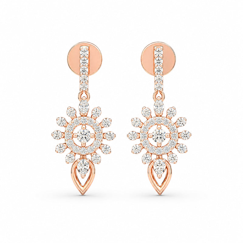Rose Gold Sunburst Diamond Drop Earrings