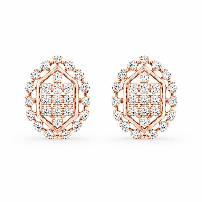 Rose Gold Diamond Hexagon Halo Stud Earrings