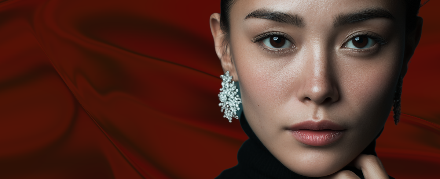 Elegant model wearing statement jewelry