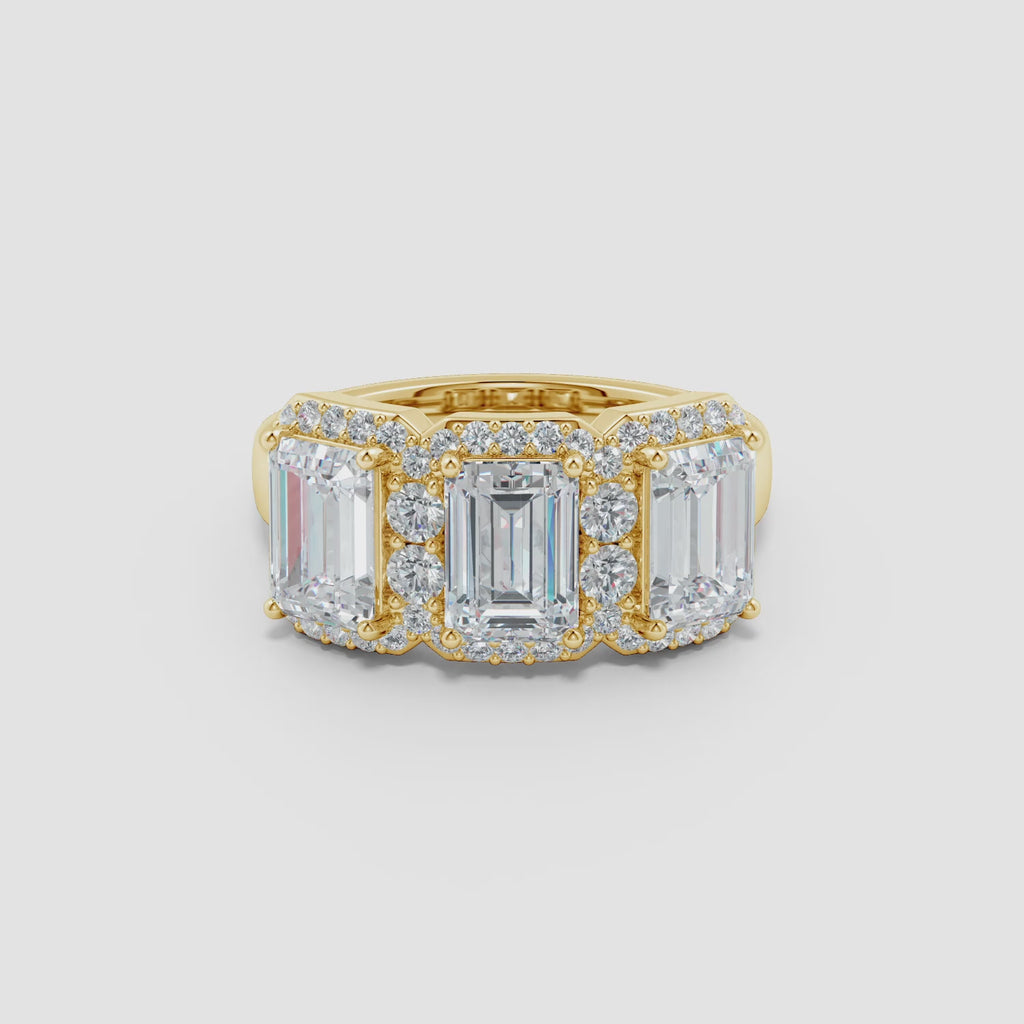 Lab-Grown Emerald-Cut Diamond Halo Three Stone Ring