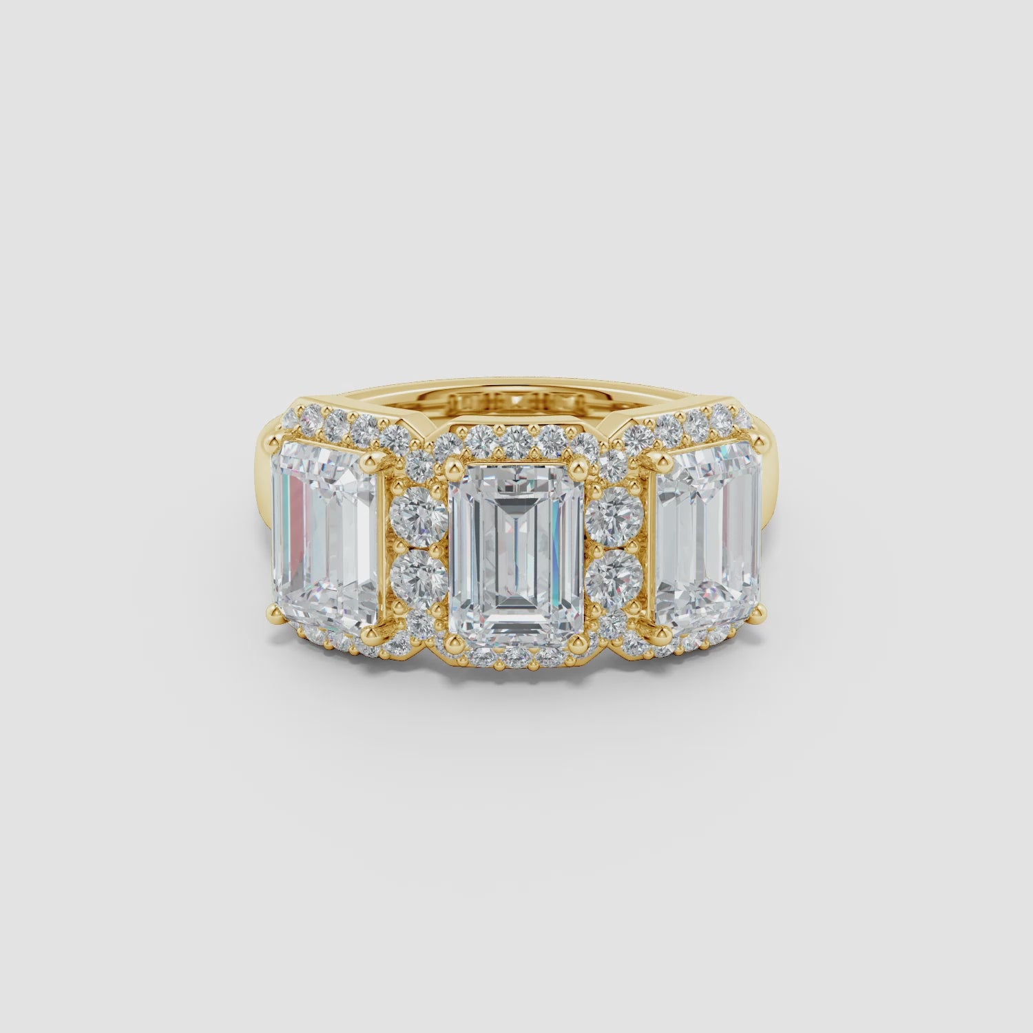 Lab-Grown Emerald-Cut Diamond Halo Three Stone Ring
